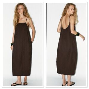 Zara Spaghetti Strap Pleated Volume Midi Dress Sz:L Taupe Brown